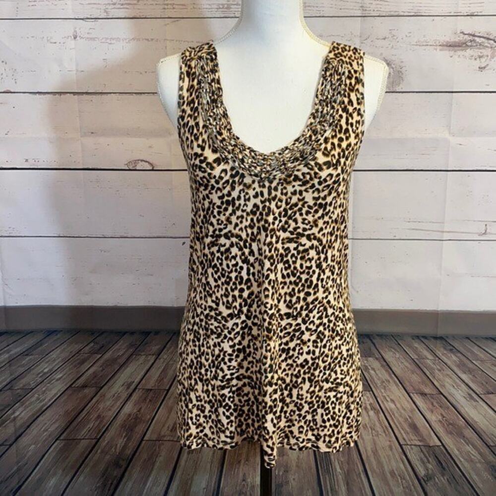 Maurices Tank Top Shirt Womens Small Brown animal print Round Neck Cross Back‎